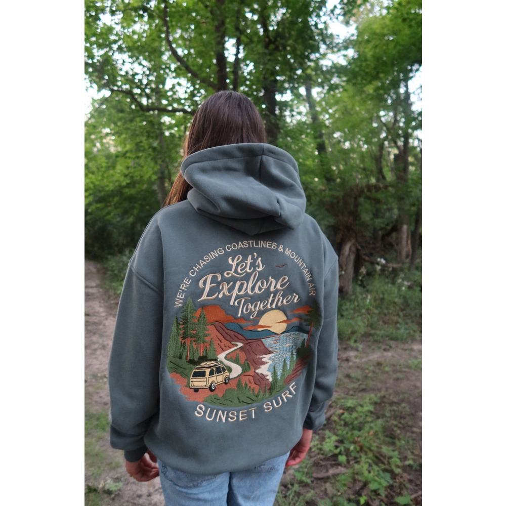 NWT Sunset Surf Coastal Explore Green Hoodie S Embroidered Graphic Fleece Lined - Picture 11 of 15